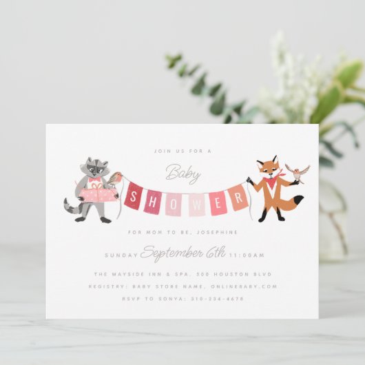 Raccoon Fox Forest Friends roze Baby shower Kaart (Staand voorkant)