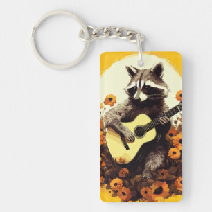 Raccoon Guitar Serenade in Zonnebloemen Sleutelhanger