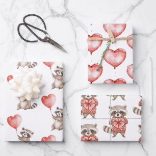 Raccoon Hearts Balloons Verjaardag Inpakpapier Vel