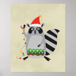 Raccoon in Santa Hat in de vakantiegrens Poster