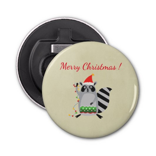 Raccoon in Santa Hat omhoog gedraaid in valsmatige Button Flesopener (Voorkant)