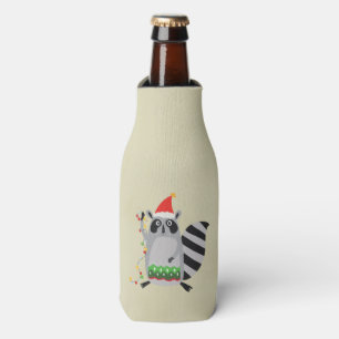 Raccoon in Santa Hat omhoog gedraaid in valsmatige Flesjeskoeler