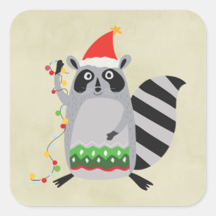 Raccoon in Santa Hat omhoog gedraaid in valsmatige Vierkante Sticker