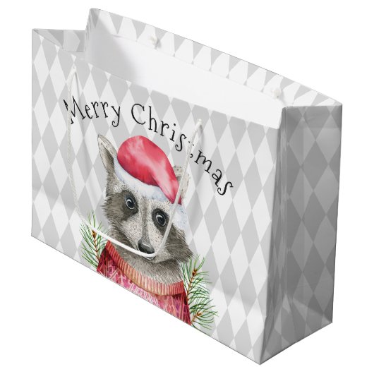 Raccoon in Santa Hoed met Harlequin Patroon Groot Cadeauzakje (Voorkant Gekanteld)