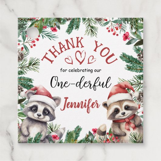 Raccoon Kerstmis 1e Verjaardag Dank u Favor Bedankjes Labels (Voorkant)