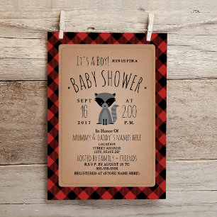 Raccoon Lumberjack Plaid Baby shower Invitation