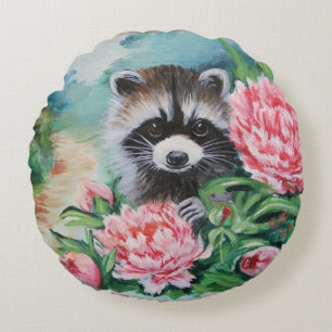 Raccoon & Pioenen Sierkussennen Rond Kussen