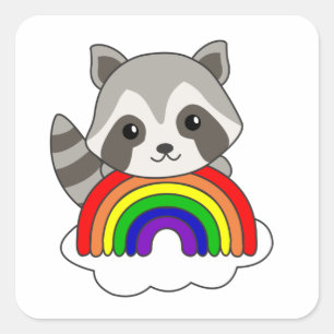 Raccoon regenboogzoete dieren kleurrijke regenboog vierkante sticker