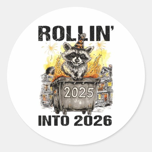 Raccoon Rolling Into 2026 Happy New Year 2026 Funn Ronde Sticker (Voorkant)