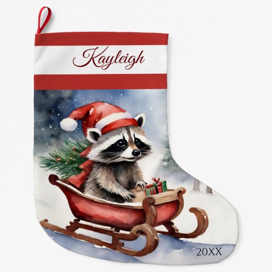 Raccoon Sledding Grote Kerstkous Kerstsok (Voorkant)