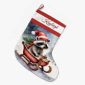 Raccoon Sledding Grote Kerstkous Kerstsok (Voorkant (Hangend))