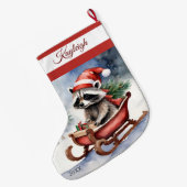 Raccoon Sledding Grote Kerstkous Kerstsok (Achterkant (Hangend))