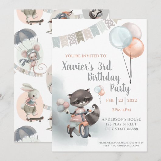 Raccoon Sur Scooter Anniversaire Fête Invitation (Devant / Derrière)
