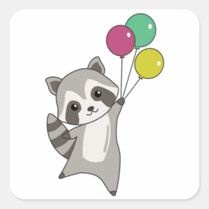 Raccoon vliegt ballonnen boven stutdieren voor kin vierkante sticker