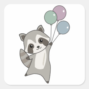 Raccoon vliegt ballonnen boven stutdieren voor kin vierkante sticker