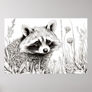 Raccoon Vreedzame Natuur Prairie Schets Tekenkunst Poster