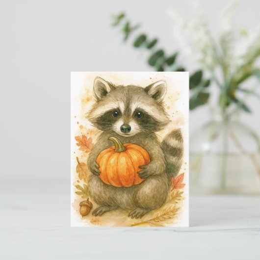 Raccoon with Pumpkin Thanksgiving Postcard Feestdagenkaart (Staand voorkant)