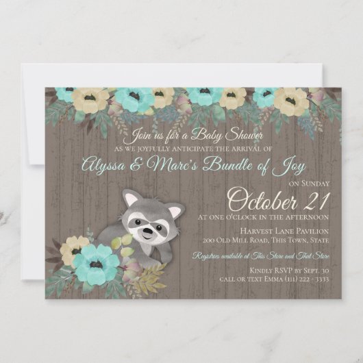 Raccoon Woodland Floral Baby shower Kaart (Voorkant)