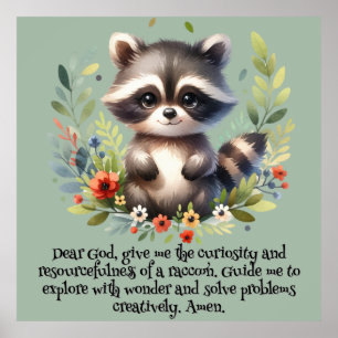 Raccoon Woodland Kinder Christelijke Gebed op Blau Poster
