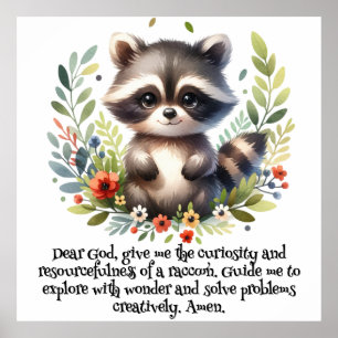 Raccoon Woodland Kinder Christelijke Gebed op Wit  Poster