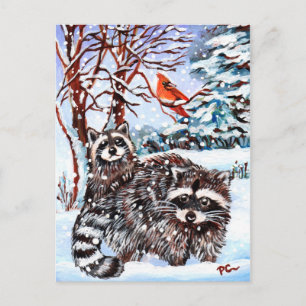 Raccoons in de sneeuw briefkaart
