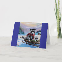 Raccoons sur traîneau Carte de voeux de Noël blanc