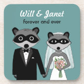 Raccoons Weddenschap en bruid met aangepaste tekst Onderzetter (Voorkant)
