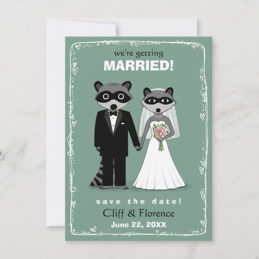 Raccoons Wedding Save the Date Blauwgroen (Voorkant)