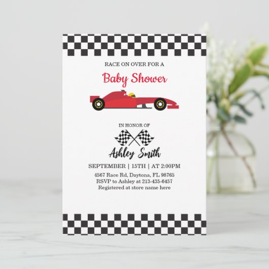 Race auto baby jongen douche uitnodiging (Staand voorkant)