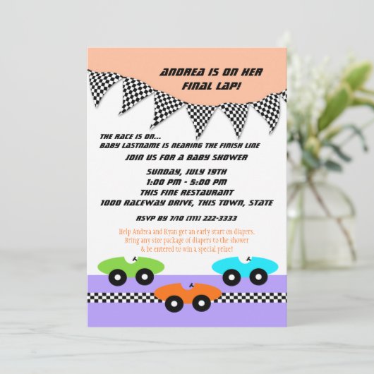 Race auto Baby shower Kaart (Staand voorkant)