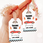 Race auto dank u blauw racen rode jongen verjaarda cadeaulabel
