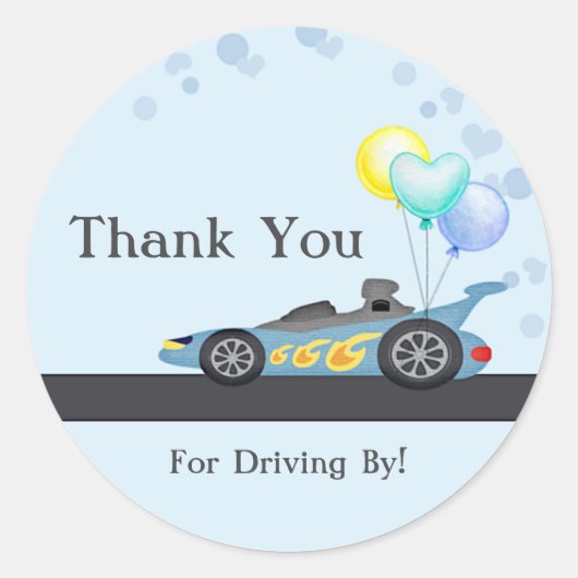 Race auto dank u, rijden op verjaardag, douche ronde sticker (Voorkant)