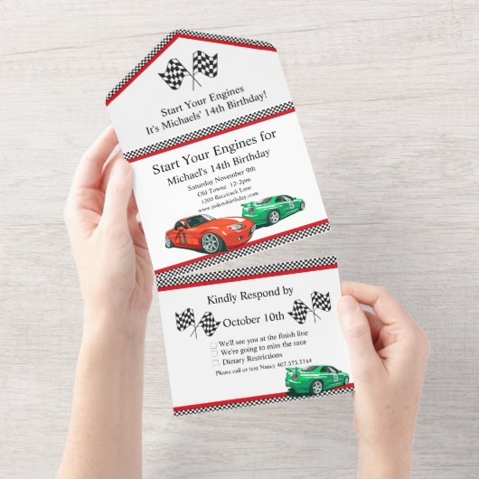 Race Auto Elke Leeftijd Verjaardag All In One Uitnodiging (Afscheurbaar)