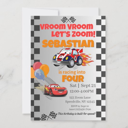 Race Auto Kids Verjaardag Uitnodiging - Jongens (Voorkant)