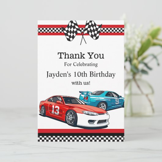 Race auto verjaardag, dank je save the date (Staand voorkant)