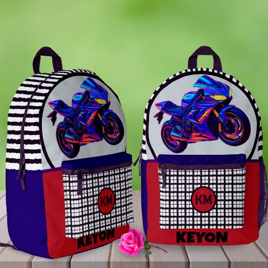 Race Bike Gingham Custom Name Left-Handed School Bedrukte Rugzak