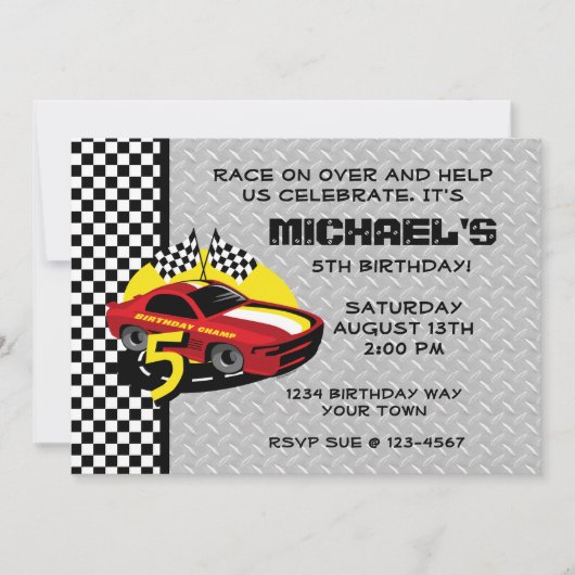 Race Car 5th Birthday Party Invitation Kaart (Voorkant)