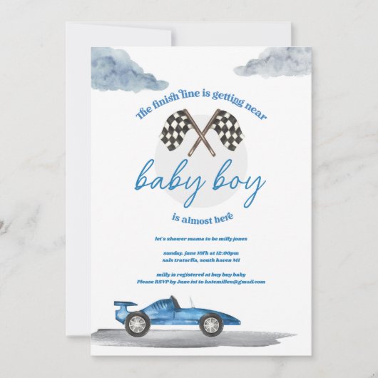 Race Car Baby Douche Invitations (Devant)