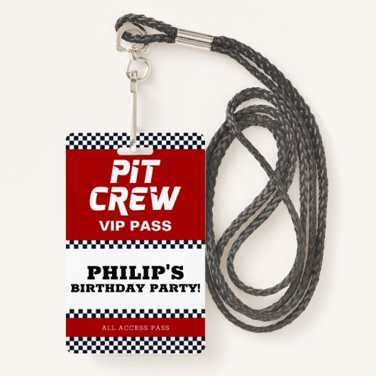 Race Car Birthday Party Pit CreVIP Pass Badge (Voorkant met draagriem)
