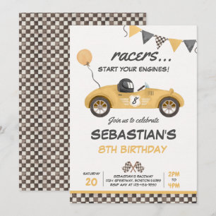 Race Car Birthday Yellow Vintage Racing Birthday Kaart