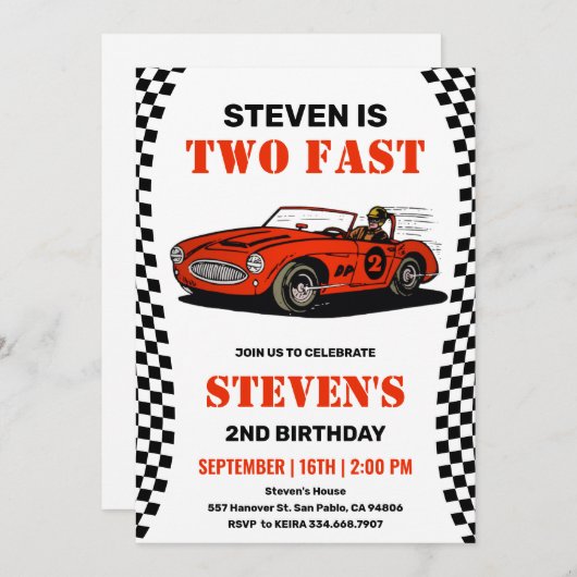 Race Car Boy 2e Invitation Anniversaire (Devant / Derrière)