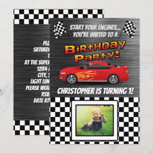 Race Car Checkered Flag Photo Boys Birthday Party Kaart