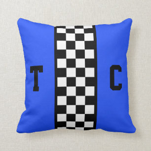 Race Car Checkered Pattern Bright Blue Monogramed Kussen