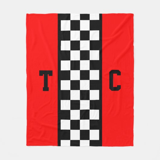 Race Car Checkered Pattern Red Monogramed Fleece Deken (Voorkant)