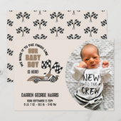 Race Car Crew Baby Boy Faire-part de naissance (Devant / Derrière)