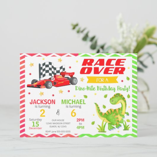 Race Car & Dinosaur Joint Birthday Invitation (Debout devant)