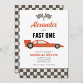 Race Car Fast One 1st Birthday-uitnodiging Kaart (Voorkant / Achterkant)