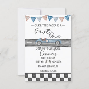 Race Car Fast One First Birthday Uitnodiging