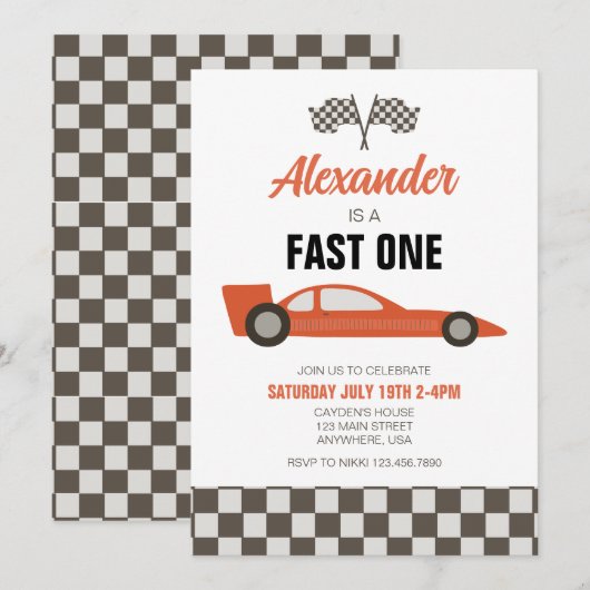 Race Car Fast Un 1er Anniversaire Invitation (Devant / Derrière)