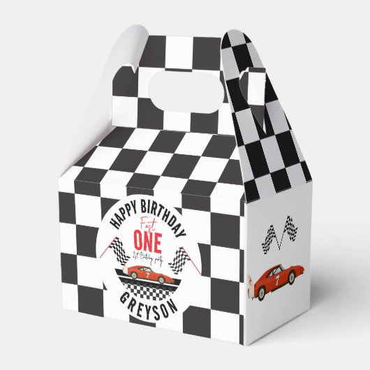 Race Car Favoriete Box - Fast One 1st Verjaardagsf Bedankdoosjes (Achterkant)